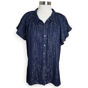 Gap Top Womens XL Navy Blue Silver Metallic Stripe Gauze Flutter Sleeve Blouse